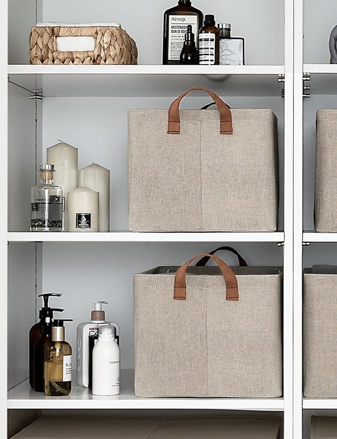 StorageWorks Storage Bins, Fabric Storage Bins for Shelves, Large Storage Baskets with Metal Frame, Closet Baskets and Bins with Handles, Brown and Beige, 2-Pack