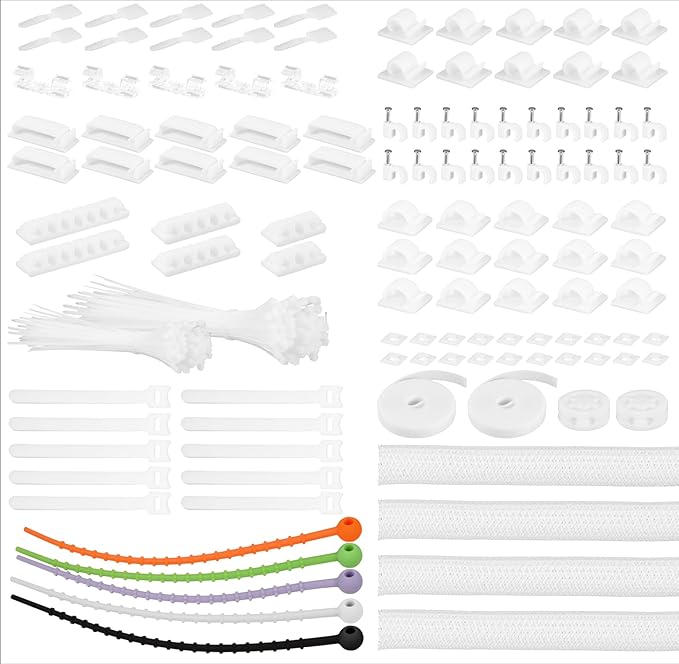 319pcs Cable Management Organizer Kit, Desk Cord Organizer, 98 Adhesive Cable Clips Holder, 17 Reusable Cable Strap, 4 Cable Sleeve Split, and 200 Nylon Cable Zip Ties (White)