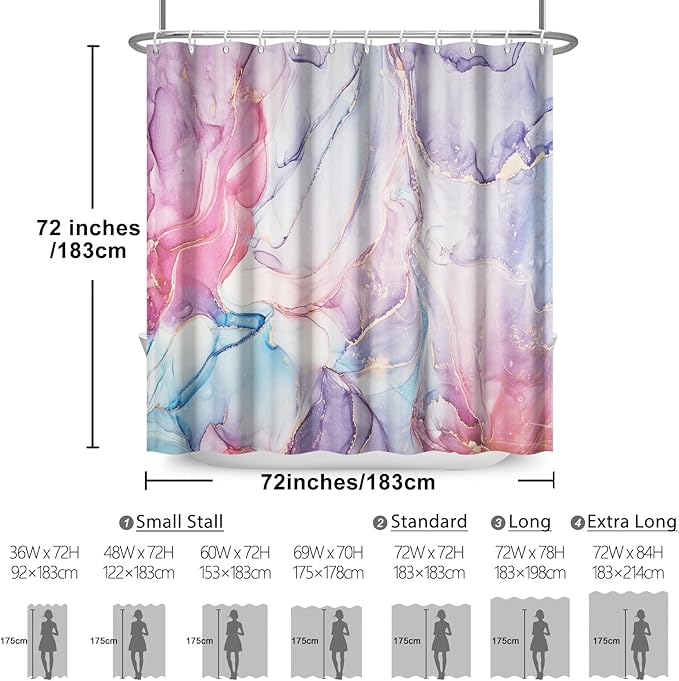 Renaiss Purples Pink Marble Shower Curtain Abstract Modern Pastel Watercolor Ink Art Luxury Hotel Bathroom Decorative Shower Curtain Waterproof Fabric Shower Curtains for Bathroom 60" W x 72" L