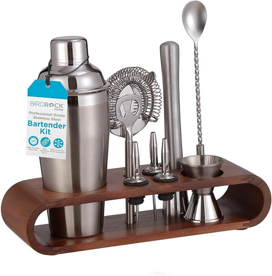 BIRDROCK HOME 10 Piece Professional Bartender Cocktail Mixing Set with Acacia Wood Stand | Stainless Steel Bar Tools for Home | Gift for Him | Includes Shaker, Muddler, Strainers, Jigger, and Spoon