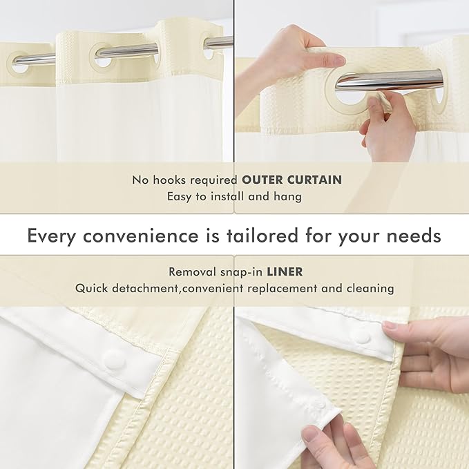 Mrs Awesome No Hook Shower Curtain with Snap-in Liner Less Time On/Off, Embossed Waffle-Look Textured Fabric Shower Curtain for Bathroom, Soft & Lightweight, 71x74, Cream