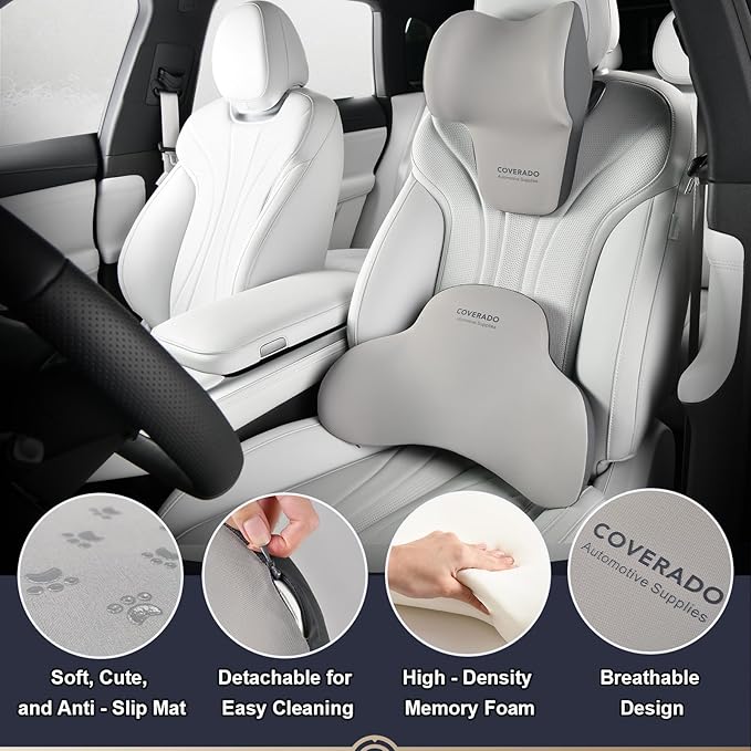 Coverado Lumbar Support and Headrest Pillow for Car, Memory Foam Ergonomic Head Neck Support Pillow for Driving Seat, Back Support and Pain Relief, Seat Cushion for Car, Driver, Office