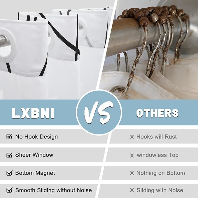 No Hook Black and White Striped Shower Curtain with Snap in Liner Set - Hotel Shower Curtain and Liner Set with See Through Mesh Top Window,Machine Washable, 71x74 INCH