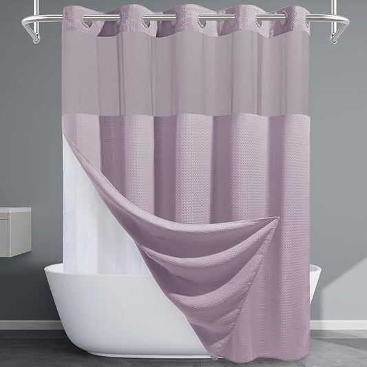 Lavender No Hook Shower Curtain with Snap in Liner,230GSM Waffle Weave Shower Curtains for Bathroom,71W x 74H