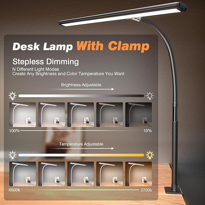 LED Desk Lamp for Office Home, Eye-Caring Desk Light with Stepless Dimming Adjustable Flexible Gooseneck, 10W USB Adapter Desk Lamp with Clamp for Reading, Study, Workbench (Black)