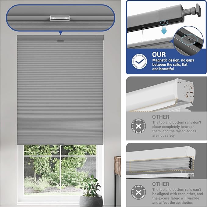 No Drill No Tools Cellular Shades Top Down Bottom Up Blackout Blinds for Windows Cordless Honeycomb Window Shades Easy to Install for Home,Blackout-Grey,36.5" W x 64" H