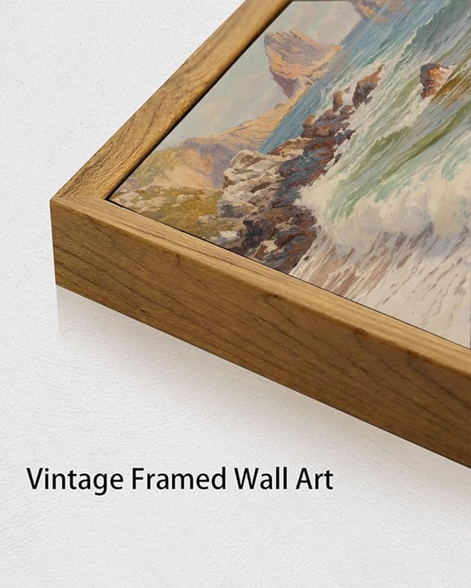 KISSFOX Vintage Ocean Canvas Wall Art Framed Nature Coastal Beach Seascape Paintings Prints Gallery Artwork Aesthetic Pictures Decor Living Room Bathroom Office Bedroom