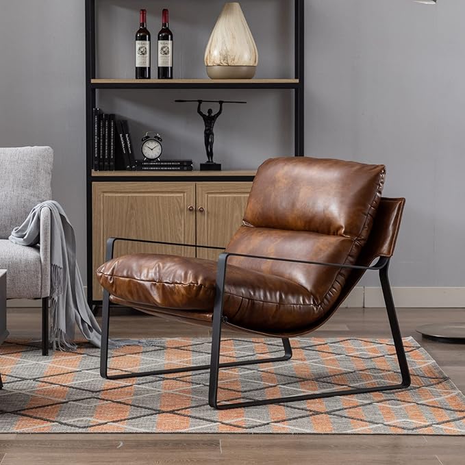 HEAH-YO Modern Accent Chair Set of 1, PU Faux Leather Lounge Chair with Soft Seat Cushion and Solid Metal Frame, Comfy Living Room Chair Reading Chair for Bedroom, Brown
