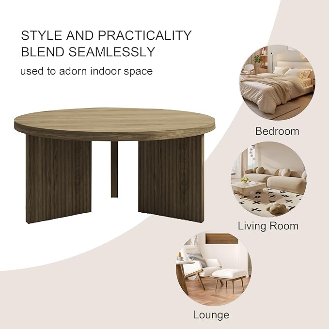 Wooden Round Coffee Table, 35" Coffee Table with Smooth Thick Mesa, Low Circle Center Table with X Shaped Stable Legs, Accent Tea Table for Living Room, Office, Walnut