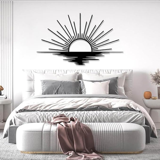 Sunrise Metal Wall Art, Metal Sun Wall Decor, Sun Outdoor Wall Art, Abstract Sunrise Wall Decor, Boho Home Hanging, Living Room Wall Hanging (Black, 24"x14"/60x36cm)