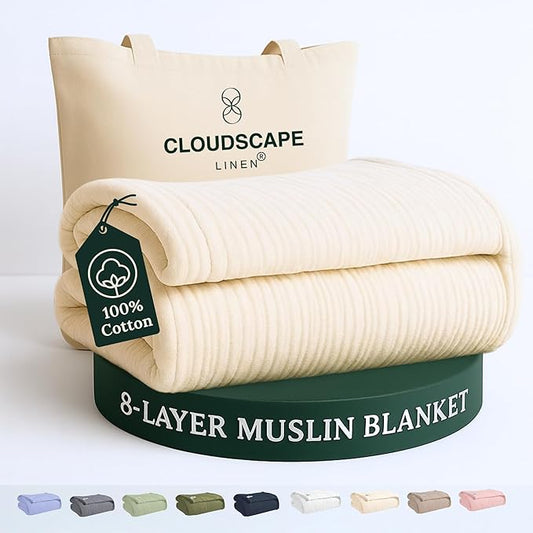 Cloud Scape Linen 100% 8 Layer Cotton Muslin Blanket King Size for Adult, Lightweight & Breathable, All Season Oversized Blanket for Bed, fits California King, 92x108, Ivory