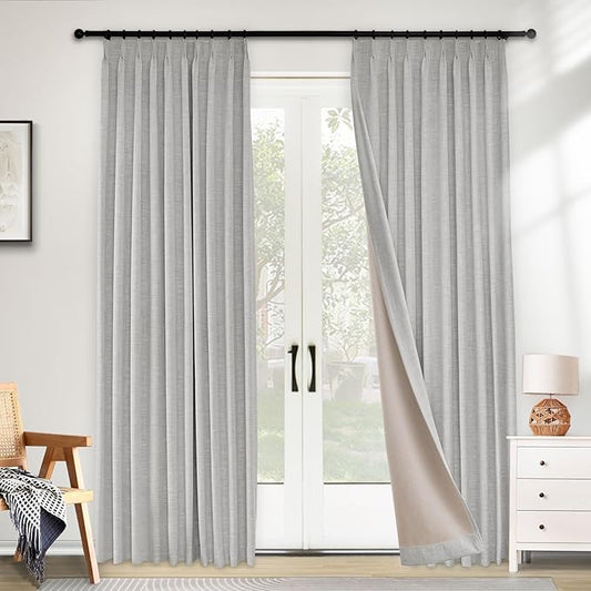 Macochico Blackout Curtains 96 Inches Long Pinch Pleated Linen Curtains with Hooks Thermal Curtains for Living Room Bedroom Farmhouse Off White Window Panels with Tieback 84" Wx96 L 1 Panel