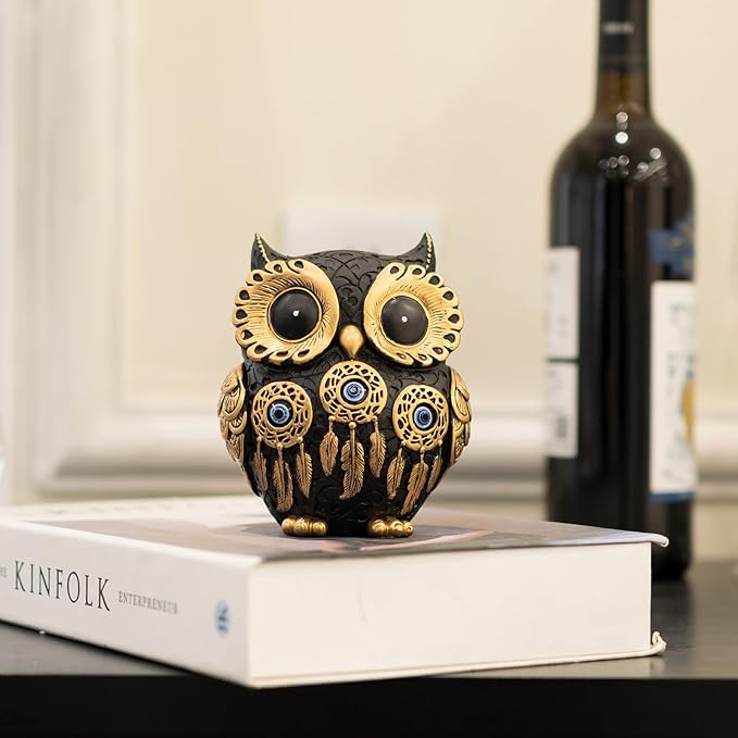 Vintage Black Owl Statue Home Decor - Evil Eye Accent for Bookshelf, Bedroom, Living Room, Office & Table. Cute Small Animal Sculpture Gift for Owl & Birds Lovers