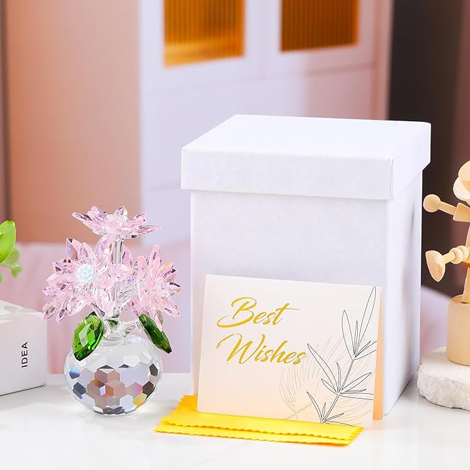 Enjinkail Handmade Crystal Daisy Figurine - Pink Glass Flowers Gifts for Women, Elegant Home Decor & Table Centerpiece