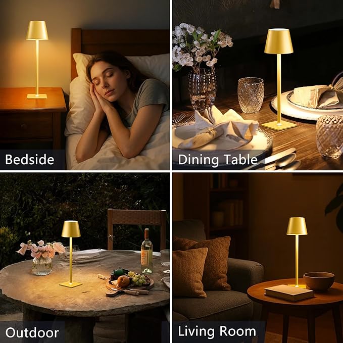 2 Pack Gold Rechargeable Table Lamps,Cordless Lamp with 6000mAh Battery Operated,Wireless Lamp for Restaurant Home Dinner Dining Kitchen Outdoor Patio,Waterproof & Portable