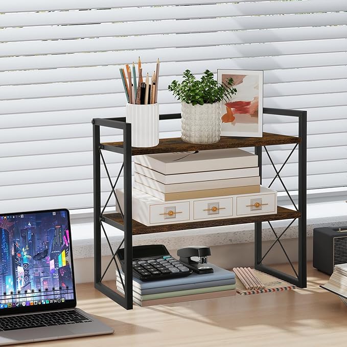 YINMIT Desktop Shelf Organizer, 2 Tier Office Shelves, Wood Desk Organizer Storage Rack and Freestanding Display Shelf for Office, Dormitory, Home