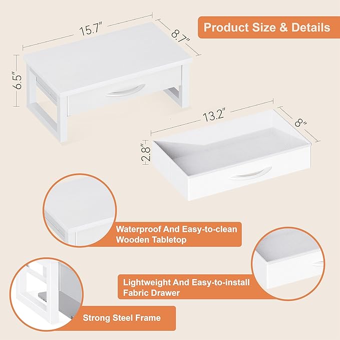 Desk Organizers and Accessories, Computer Monitor Stand Riser with Drawer, White Laptop Stand for Desk with Storage, Office Organization, Wood