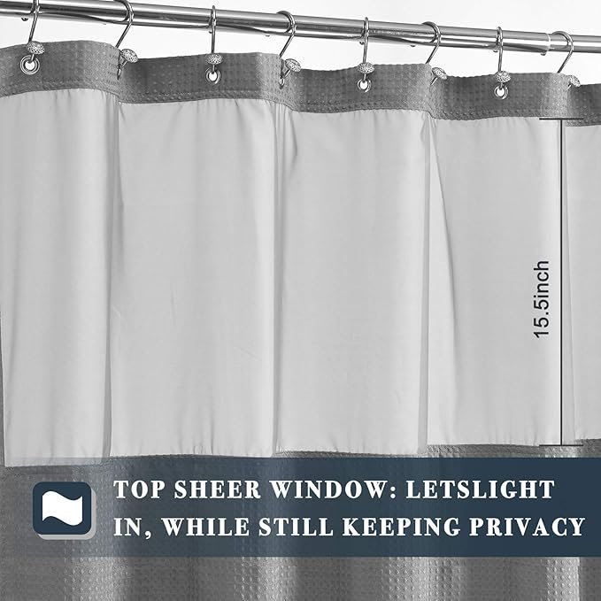 N&Y HOME 54 Inch Waffle Weave Shower Curtain with Snap-in Fabric Liner & 12 Metal Hooks Set - 54" x 72" Shower Stall Size, Hotel Style & Mesh Top Window, Machine Washable - Gray, 54x72