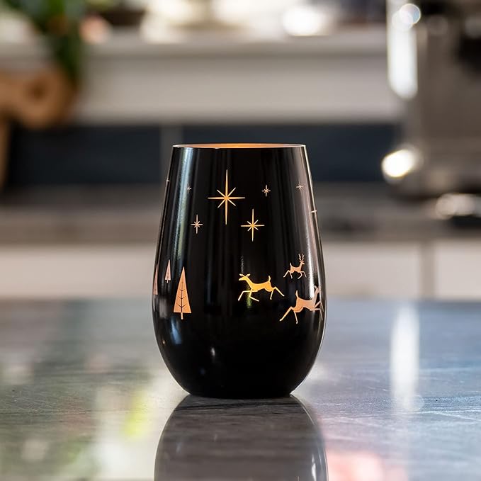 Wonderland Stemless Wine Glass/Candle Votive | Set of 2 Tumbler Wine Glasses | Lead-Free Glass | Christmas Laser Etched Stemless Wine Glasses
