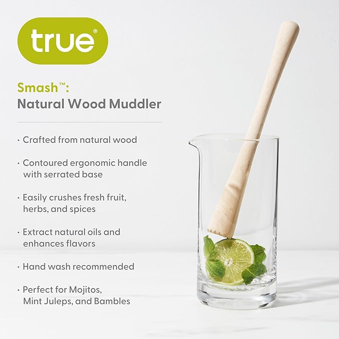 True Smash Wooden Muddler for Cocktails with Ergonomic Contoured Handle, Durable Cocktail Muddlers, Herbs and Fruit Crushers, Home Bar Accessories, 9.75", Set of 1