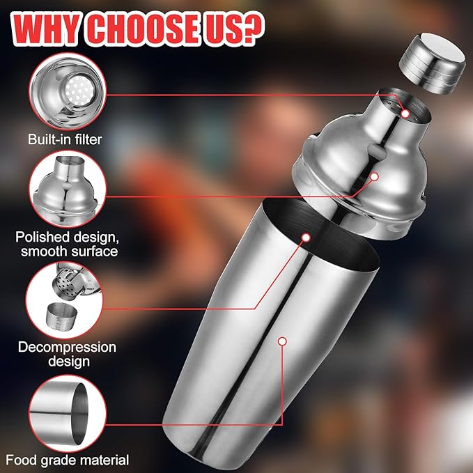 Nitial 6 Pcs Bar Cocktail Shaker Professional Stainless Steel Martini Drink Mixer with Built-in Strainer for Bartending No Leaks Boston Shaker for Bar Party Drink Mixing Tool(25 oz,Silver)