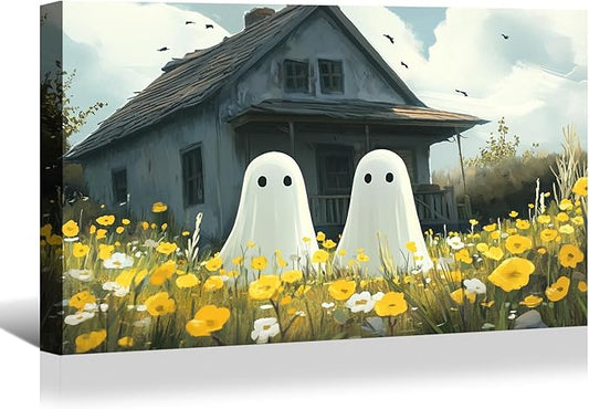 BANHUA1 Vintage Halloween Canvas Wall Art, Spooky House & Ghosts in Haunted Forest Print, Dark Academia Pictures Wall Decor for Home, Living Room, 48 x 32 Inch