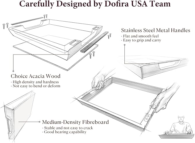 Large Ottoman Tray: 20" Square Acacia Wood Serving Tray with Unique Metal Handles – Extra Large Decorative Tray for Coffee Table, Breakfast in Bed, Charcuterie, Kitchen, Living Room & Party