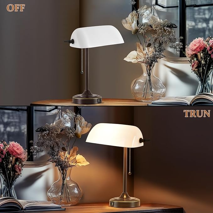 Vintage Desk Lamp Bankers Lamp - Brown Retro Table Lamp with USB & Type C Charging Ports Traditional Pull Chain Switch Library Lamp for Home Office Bedroom Nightstand Side Table Lamp(Bulb Included)