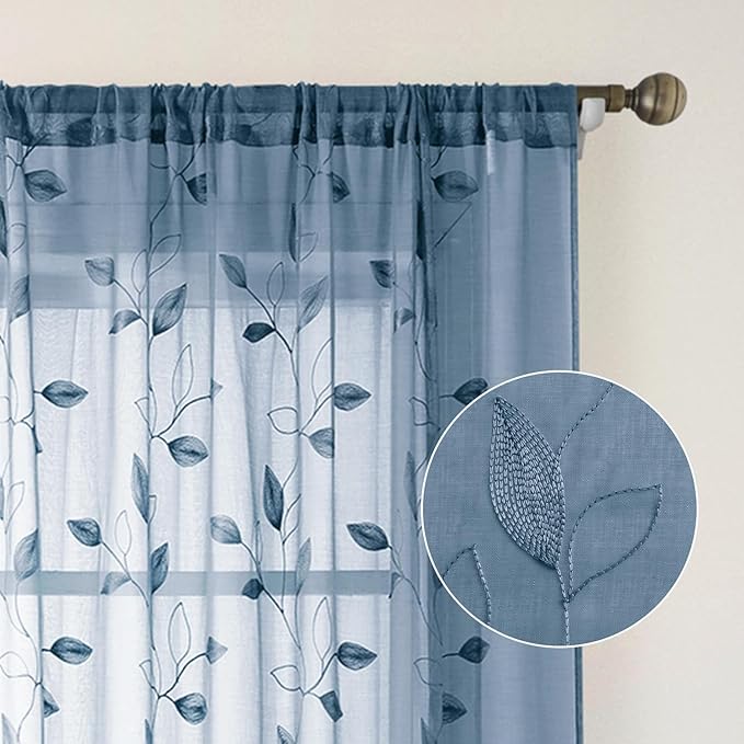 HOMEIDEAS Stone Blue Floral Sheer Curtains 84 Inches Long 2 Panels Embroidered Pattern Semi Sheer Window Curtains for Bedroom Living Room