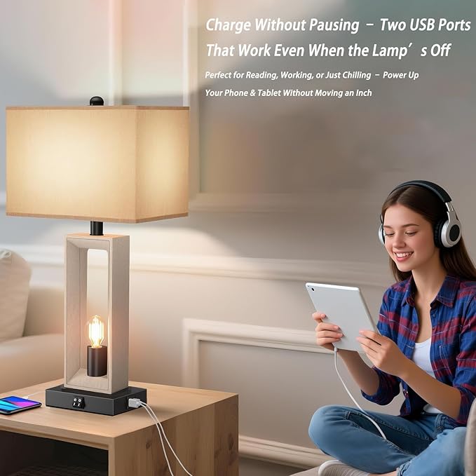 Table Lamps for Living Room,Modern Farmhouse Decor Lamps with USB A+C Port & Nightlight,25" Rustic 3-Way Dimmable Bedside Lamps,Oat Shade Touch Nightstand Lamp for Bedroom,2 LED Bulbs
