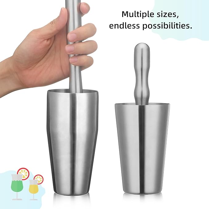 8'' & 12" Stainless Steel Cocktail Muddler & Long Handle Mixing Spoon Set - Professional Bar Tools for Mojitos, Fruit Drinks & Craft Cocktails | Heavy-Duty Stirring & Muddler Kit