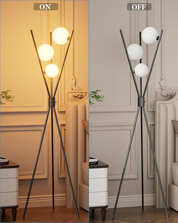 Lightdot 60IN Dimmable Black Tripod Floor Lamp, Mid Century Standing Lamps with 3 Globe Soft Warm White Eye Care 3000K Bulbs Included, Modern Tall Lamp for Living Room Bedroom