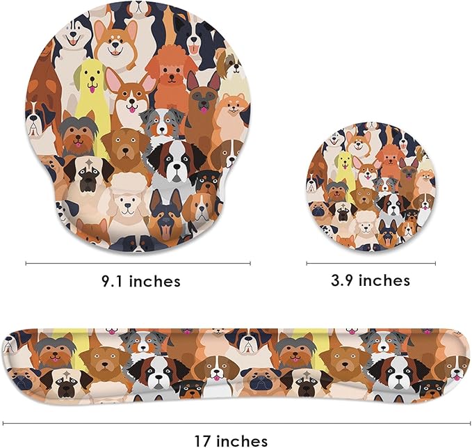 Britimes Ergonomic Mouse Pad Set with Wrist Rest Colorful Doodle Dogs Non-Slip Rubber Base Wrist Cushion Support and Coasters Mousepad with Wrist Support for Computer Keyboard and Desk