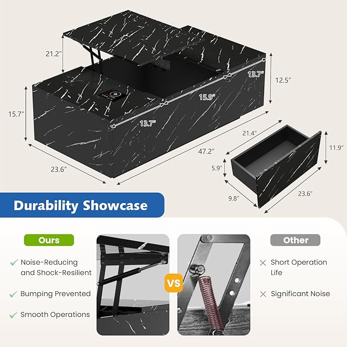 LED Coffee Table, 47.2" Lift Top Coffee Tables with Drawers and Large Storage, Smart Living Room Table with Wireless Charging & Bluetooth Speaker, Dining Center Tables with Storage Shelf