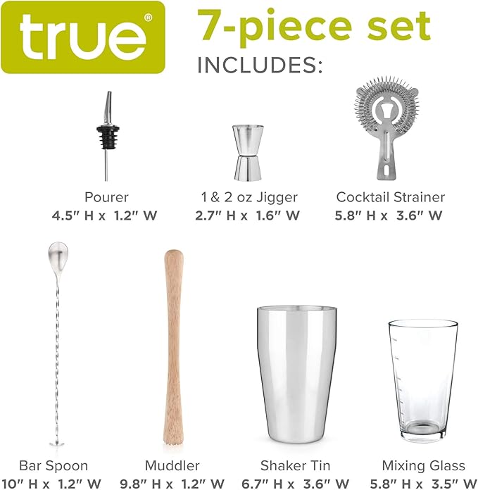 True 7-Piece Barware Set for Mixed Drinks and Cold Brew Cocktails, Includes Boston Cocktail Shaker Tin, Mixing Glass, Jigger, Muddler, Strainer, Bar Spoon, Pour Spout for Home Bar, Bartender Gifts