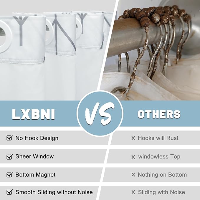 No Hook Geometric Striped Shower Curtain with Snap in Liner Set - Hotel Shower Curtain and Liner Set with See Through Mesh Top Window,Machine Washable, 71x74 INCH - Grey & White Herringbone