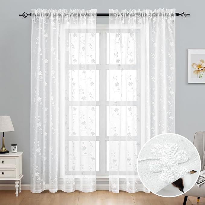 HOMEIDEAS White Sheer Curtains 96 Inches Long 2 Panels White Embroidered Floral Pattern Semi Sheer Window Curtains for Bedroom Living Room