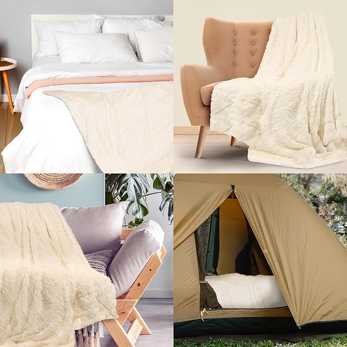 Everlasting Comfort Soft & Comfortable Ivory Faux Fur Throw Blanket for Couch - (50"x65") Minky & Fluffy Fall Blankets & Throws, Plush Fuzzy Cover for Bed, Sofa & Living Room - Cozy Home Decor