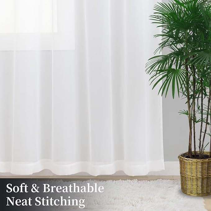 White Sheer Curtains 63 Inches Long 2 Panels, Rod Pocket Short Curtain for Kitchen, Bedroom, Cafe Window(White 38" W x 63" L)