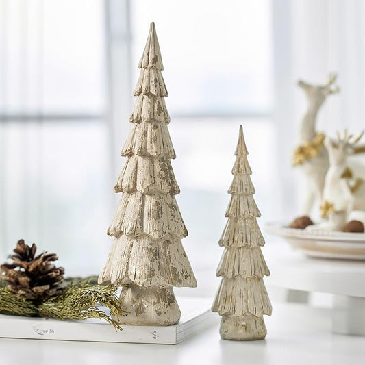 Christmas Tree Figurines, Wood Effect Accented with Gold, Tabletop Xmas Trees Set of 2, Small Decorative Resin Christmas Trees, Christmas Decorations Indoor, Winer Mantle Decor for Table Centerpieces