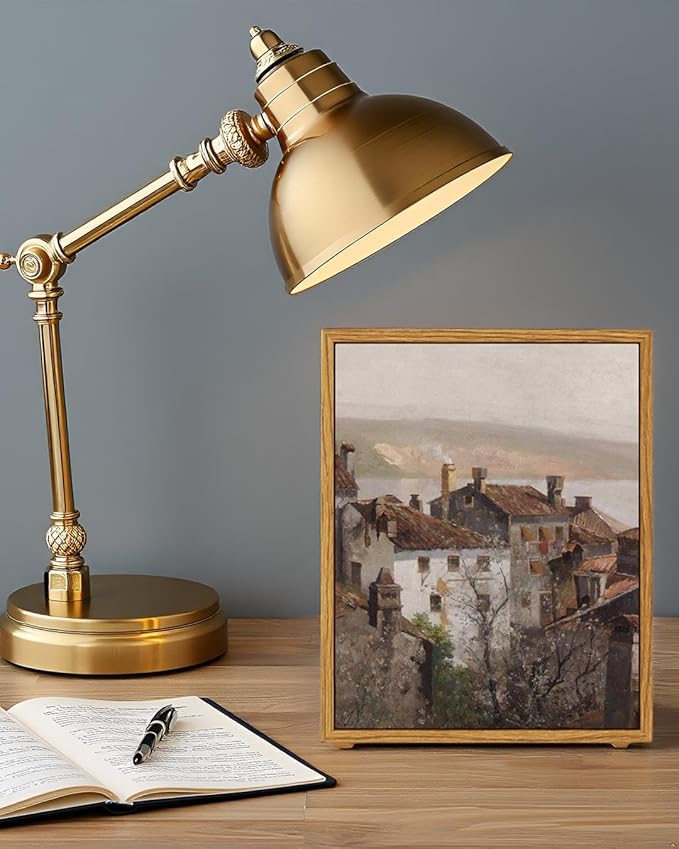VIYYIEA Vintage Framed Canvas Wall Art, European Towns Landscapes Art, Living Room Hallway Bedroom Library Rustic Retro Neutral Decor, Antique Country Town Picture Paintings,12x16 Inch