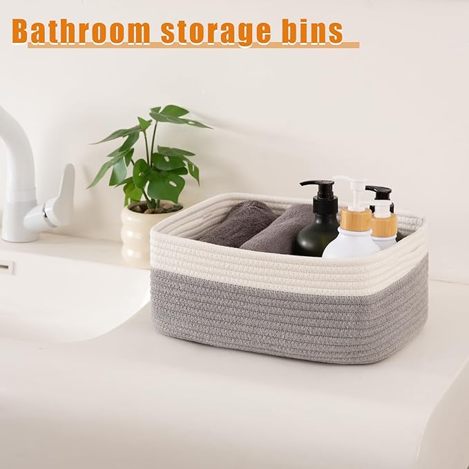 OIAHOMY 4 Pack Storage Baskets for Organizing, Small Bins for Shelves, Cute Decorative Storage Bins, Organizer Baskets for Gifts Empty,13''Lx8.7''Wx5.1''H, Grey/White