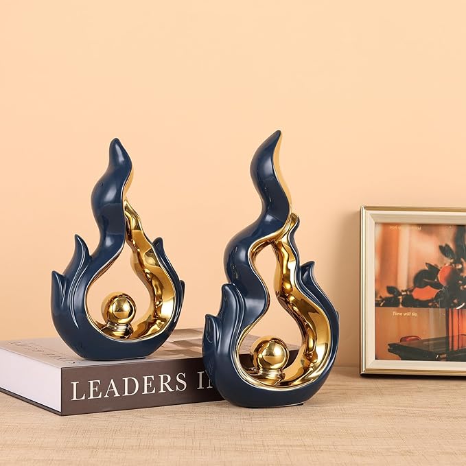 2 Pcs Navy Blue and Gold Ceramic Sculptures for Home Decor, Modern Abstract Art Statues, Centerpieces for Dining Room Table, Living Room, Shelf, Mantel, Coffee Table, Entryway Accent Decorations