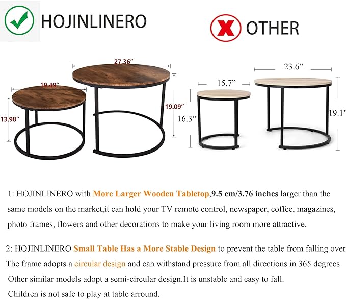 HOJINLINERO Industrial Round Coffee Table Set of 2 End Table for Living Room,Stacking Side Tables, Sturdy and Easy Assembly,Wood Look Accent Furniture with Metal Frame,Black+Rustic Brown