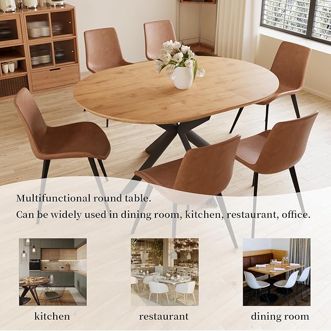 43.2"-59.1" Extendable Round Dining Table Set, Mid Century Wooden Round Kitchen Table, Oak Coffee Table for 4-6 Person,PU Leather Chair
