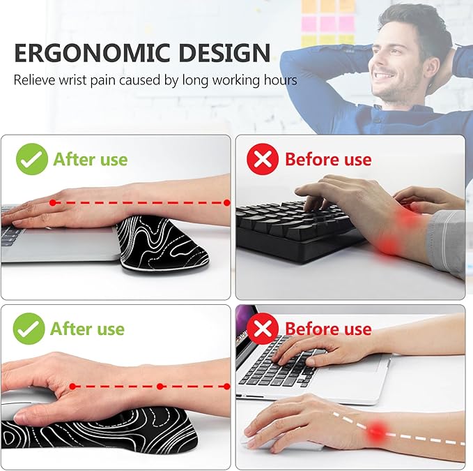 AIMSA Mouse Pad Wrist Support Set Keyboard Wrist Rest, Ergonomic Memory Foam Non-Slip Base Easy Typing Pain Relieve for Computer Laptop Home Office, Black Topographic