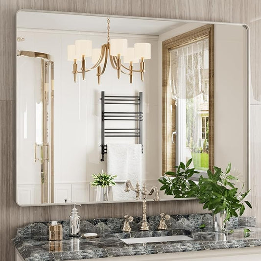 Brushed Nickel Bathroom Mirror 48x36 Inch, Brushed Silver Metal Frame Mirror Wall Mounted, Rounded Rectangle Bathroom Vanity Mirror, Tempered Glass, Anti-Rust, Horizontal/Vertical