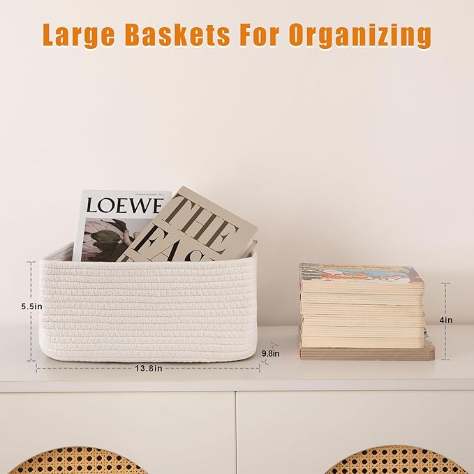 OIAHOMY 4 Pack Storage Baskets for Organizing, Small Bins for Shelves, Cute Decorative Storage Bins, Organizer Baskets for Gifts Empty, 13.8''Lx9.8''Wx5.5''H, White