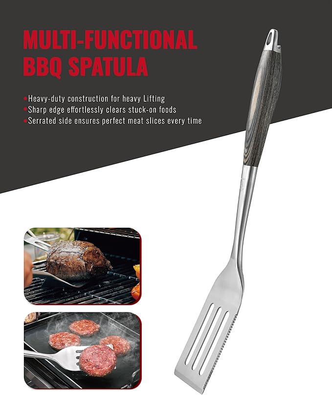 Stainless Steel BBQ Tool Set with Veined-Dyed Wooden Handles | Heavy Duty Grilling Accessories | 3-Piece Outdoor Barbecue Grill Utensil Set with Spatula, Fork, and Tongs - Ideal Gift for Men…