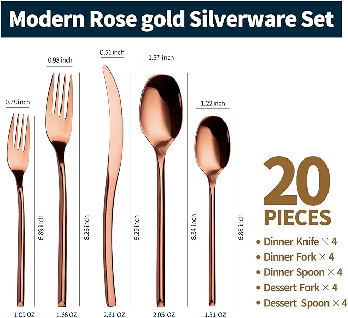 Lemeya 20-Piece Rose Gold Silverware Set for 4,Modern 18/10 Stainless Steel Flatware Set,Luxury Cutlery Set,Unique Utensils Set for Restaurant,Spoons and Forks Set,Mirror Polished,Dishwasher Safe